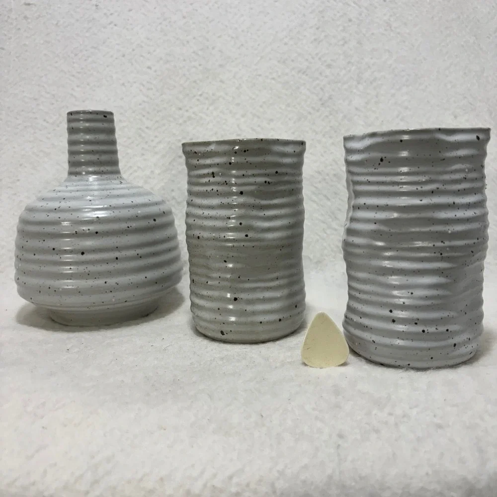 Minimalist Speckled Ceramic Vase Set 3-Piece Organic Wavy Edge Modern Grey Decor
